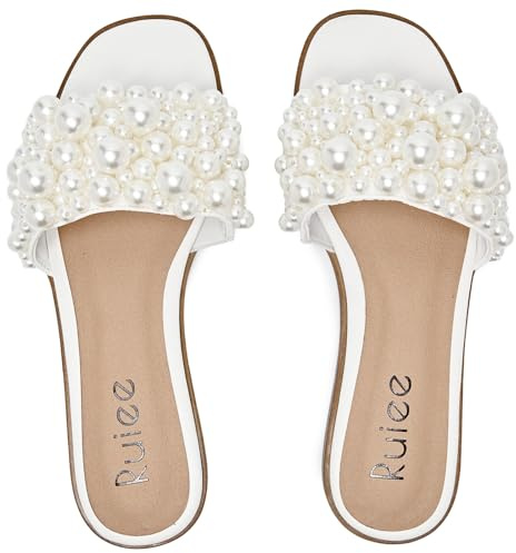 Ruiee Flat Slides Sandals for Women, Pearl Decor Slide Sandal Sparkly Bling Dressy Comfortable Casual Bride Wedding Summer Slip on Womens Sandals.241223 White Size11