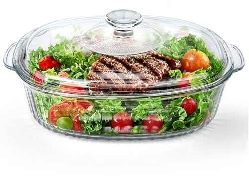 Reasim 2.8L/3Qt Glass Casserole Baking Dish with Lid, Large Oval Glass Casserole Dish with Lid,Mixing Bowl Food Container,Oven,Freezer&Microwave Safe,Clear Container
