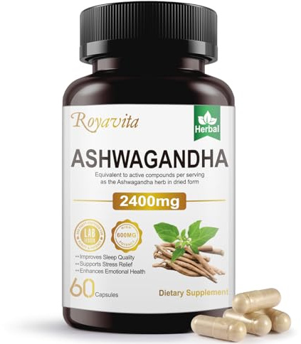 Royavita Ashwagandha Supplements 2400mg Organic with Black Pepper Vitamin B12 & B6 for Max Absorption Stress Relief Athletic Performance for Men & Women 60 Capsules