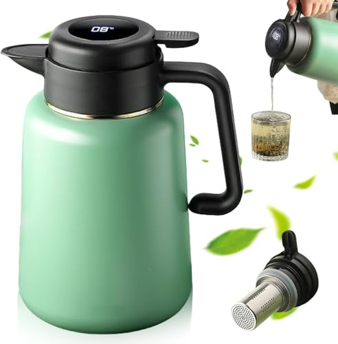 Termos med tesil, 1,8 l termoskanna med temperaturdisplay, 316 rostfritt stål termoskanna, tekanna kaffe varmhållningskanna te isoleringkaraff termokaraff, ljusgrön