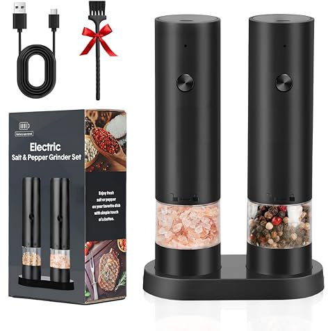 Electric Salt Set Macina Sale e Pepe Elettrico, 2 Pezzi Macino Pepe Elettrico, Macinaspezie Ricaricabile con Base, Macinapepe Macinino Automatico per Spezie, a Batteria