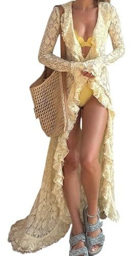 Felcia Womens Long Crochet Cardigan Lace Mesh Flowy Maxi Top Lightweight Ruffled Duster Layering Shirt Cover Up (A-Yellow, M)