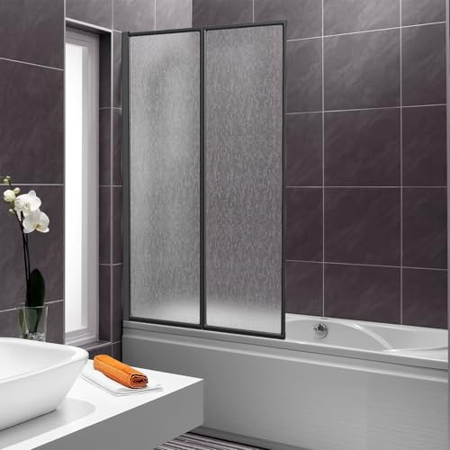 Vkechh Paroi de douche pour baignoire 100×140 cm, 2 pièces pliables en plastique PS résistant aux chocs, paroi de douche avec cadre en aluminium noir, accessoire de baignoire avec structure de gouttes