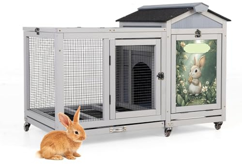 39 inches Assembled Wood Rabbit Hutch Indoor,Wide Space Small Animal Houses with Removable Tray&Safety Lock，Bunny Cage with Waterproof Roof&Solar Panels