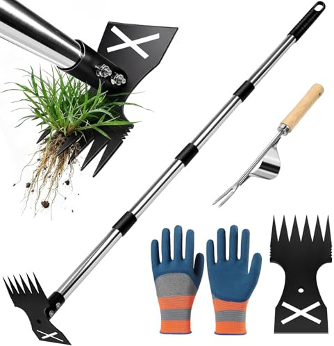 Extractora de Malas Hierbas con Mango Largo de 148 cm,Rastrillo de Azadas de Jardín 2 en 1 con Rastrillo y Azada, para Patio, Césped, Terraza, Jardín
