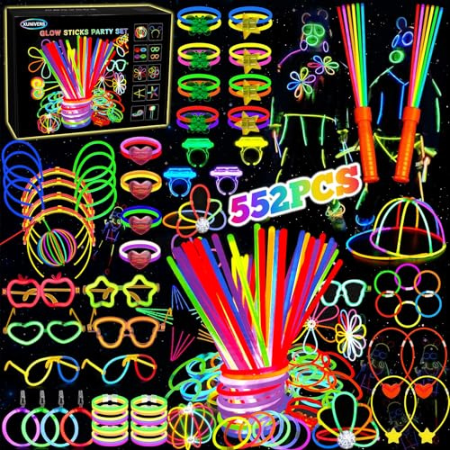 XUNIVERS 552 Pezzi Bastonetti Luminosi per Bambini, Braccialetto Fluorescente Luminoso, con Connettori per Fare Occhiali, Collane, Palle e Sfere, per Halloween, Natale, Compleanni, Forniture Festa