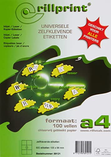 Rillprint Vielzweck Etiketten Selbstklebend - 600 Stück – 105 x 99 mm - 6 Klebeetiketten pro A4-Blatt - Bedruckbar & Abziehbar - Universal Adressaufkleber - 100 Blatt, Weiß