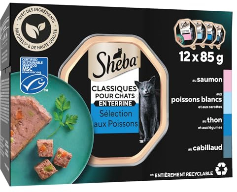 SHEBA Kattmåltid - 72 brickor (set med 6 förpackningar 12 x 85 g) - Terrin kattpasta - vit fisk/tonfisk/lax/torsk - komplett och balanserad mat med naturliga ingredienser