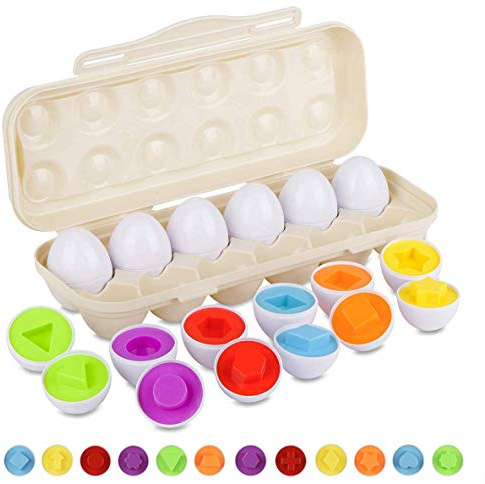 Hhyn Matching Eggs Set with Beige Eggs Holder, Upgraded Toddler Egg Toys Learning Shapes and Colors Educational Puzzle Sorting Games Improve Motor Skills for Kids Easter Gift, 12 Eggs