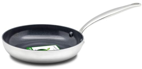 Greenpan Barcelona Evershine Tri-Ply Stainless Steel Healthy Diamond Reinforced Ceramic Non-Stick 24 cm Frying Pan Skillet, PFAS-Free, Multi Clad, Induction, Oven Safe, Silver