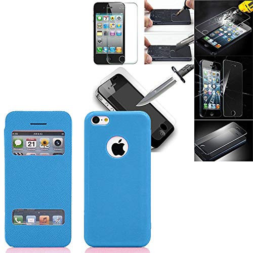 annaPrime Housse et Verre trempé Écran pour Apple iPhone 5/ 5S/ SE, Etui Flip Coque S-View Support Bleu + 1 Film Verre Trempé Transparent