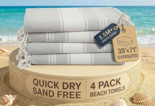 LANE LINEN Oversized Beach Towels – 4 Pack, 39x71 Cotton Rich & Quick Dry Pool Towels, Pre-Washed, Sand-Free & Absorbent Travel Towels for Adults, Grey