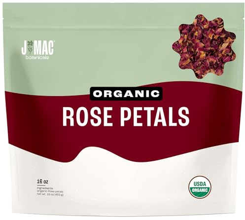 J MAC BOTANICALS Organic Rose Petals, (16 oz) Certified USDA Organic, edible, culinary grade dried petals for herbal tea, cooking and crafts