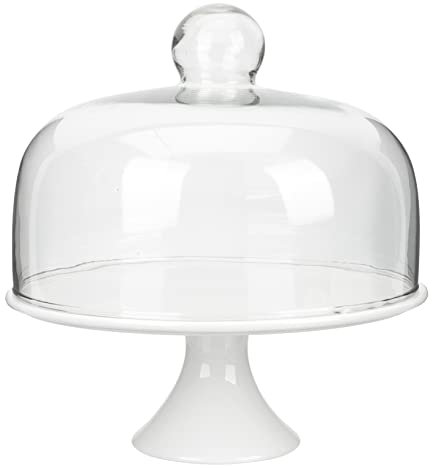 DOITOOL Hohe Kuchenform Hochzeitstorte Tortenständer Auf Fuß Mit Kuppel Gebäckhalter Mit Deckel Holztablett Etagere Auf Fuß Mit Kuppel Gebäck Glocke Desserttisch Weiß Keramik Grundschale