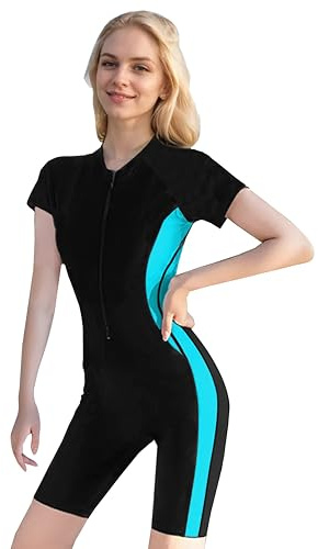 Beachkini Maillots de Bain Maillot de Bain Une pièce Boyleg pour Femmes Maillot de Bain à Manches Courtes avec Fermeture éclair sur Le Devant,62 Bleu Noir,M