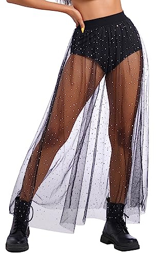 Odizli Rave Outfit Women Festival Clubbing Sexy Y2K Glitter Star Sequins Gothic Tulle 2 in 1 See Through Sheer Mesh Shorts High Waist Ruffle Maxi Beach Skirt Teenager Girls Party Streetwear Black#A M