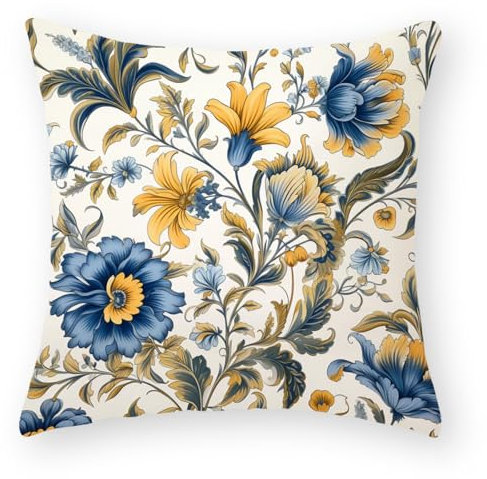 Kissenbezug 45x45 Blaue Und Gelbe Blumen Sofakissen Baumwoll und Leinen Dekokissen Quadrat Kissenbezüge mit Reißverschluss Outdoor Kissen- für Wohnzimmer Auto Schlafzimmer