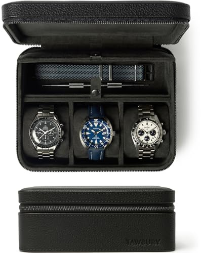TAWBURY Custodia per orologi a 3 slot più spazio - Custodia da viaggio in pelle di lusso per uomo | Casse nere per orologi da viaggio da uomo | Custodia a rotolo nera per orologi | 3 scatole per