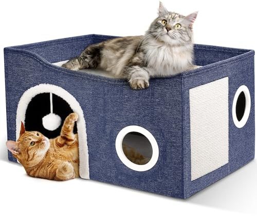 Heeyoo Cat House for Indoor Cats - Large Cat Bed Cave with Fluffy Ball and Scratch Pad, Foldable Cats Houses & Condos, Cat Hideaway, Covered Kitty Bed for Multi Small Large Kitty, 23.8x15.9x13.2 Inch