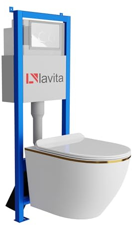 Lavita LAV 101 - Elemento da parete per WC 40 cm + parete sospesa per WC SOFI SLIM GOLD LINE senza bordi + pannello di controllo LAV 200.4.1 bianco, set completo | cassetta di risciacquo da incasso |