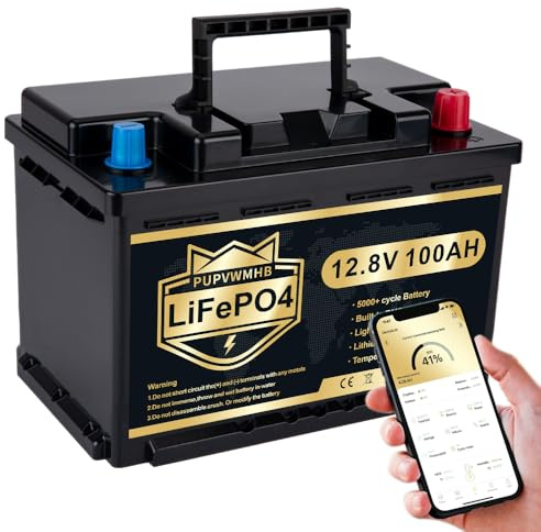 PUPVWMHB LiFePO4-bilbatteri på 12 V/100 Ah, 100 A, BMS, > 5 000 ggr, djupcykel, litiumbatteri, 1 280 W, avstängningsskydd vid låg temperatur, för husbil, camping, båt och solceller hemma