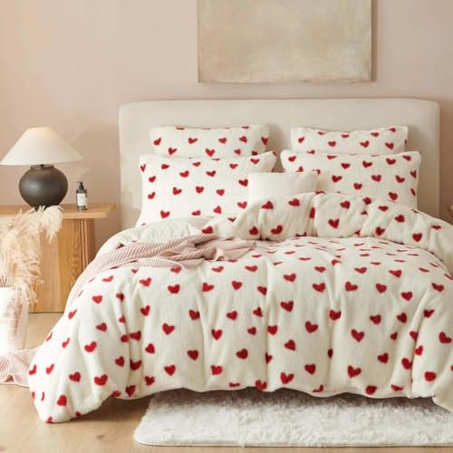 Sacebeleu Kissenbezug 40x80cm 2er Set Plüsch Biber Flanell Flauschig Rot Weiß Herzen Zierkissenbezug Kissenhülle Doppelpack Winter Kopfkissenbezug