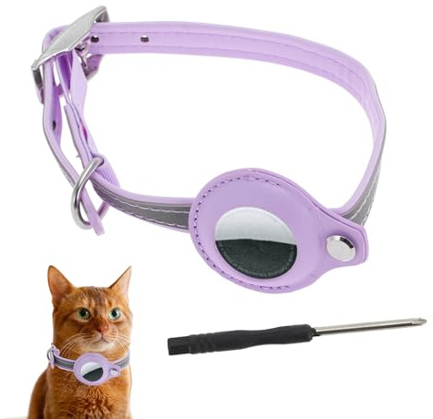 CAPASTEC Katthalsband, reflekterande kattungehalsband, PU-halsband med airtag-hållare, justerbart halsband med legeringslås för katter och valpar, litet, lila