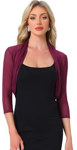 Allegra K Women's 3/4 Sleeve Sheer Mesh Shrug Open Front Cropped Bolero Cardigan, Burgundy, Large