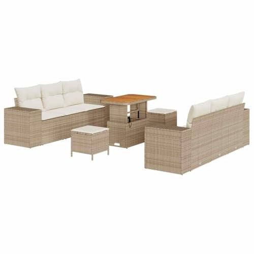 vidaXL Garten-Sofa-Set mit Speicher 9 pcs Beige Poly Rattan, Garten und Terrasse, modernes Outdoor-Sofa-Set, langlebige Rattanmöbel, UV-beständige Sitzgruppe, Flexibler Tisch, Liege
