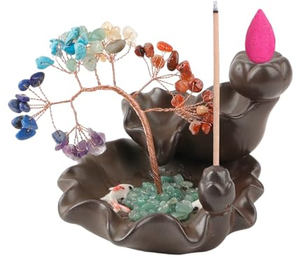 LCUHAVA Quemador de incienso con piedras curativas The Tree of Life con cascada de incienso con árbol Feng Shui, soporte para varillas de incienso, quemador de incienso, palitos para decoración y