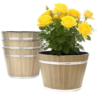 VEVOR Plant Pots, 4 Pack 11.81 inch Whiskey Barrel Planters with Drainage Holes, Large Outside Plastic Decoration Flower Pot Imitation Wine Barrel Design for Indoor Outdoor Garden Home Plants, Brown