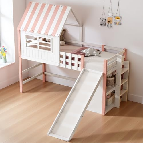 Cama cabaña infantil 90 x 200 cm, cama infantil cabaña litera infantil alta y baja, cama entrepiso escalera, forma de techo, para niños y niñas, con escalera de seguridad y almacenamiento (rosa-2)