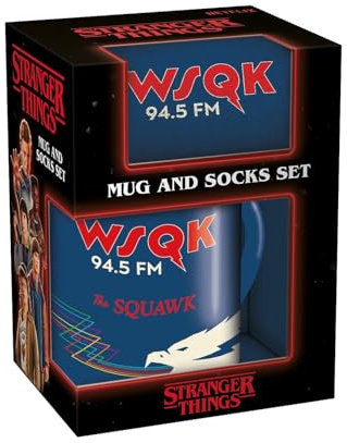 Stranger Things Mug & Sock Set, WSQK Radio Design with Blue Socks, 315ml/11oz Capacity Ceramic Cup, Official Netflix Licensed Merchandise, Premium Drinkware Gift for Fans & Collectors