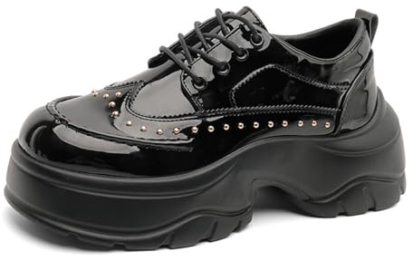 OXNGDMDM Men's Patent Leather Rivet Platform Motorcycle Boots with Side Zipper Fashion Comfortable Non Slip Chunky Block Heel Goth Dress Combat Ankle Boots for Street Biker (Black-Low-top,9)