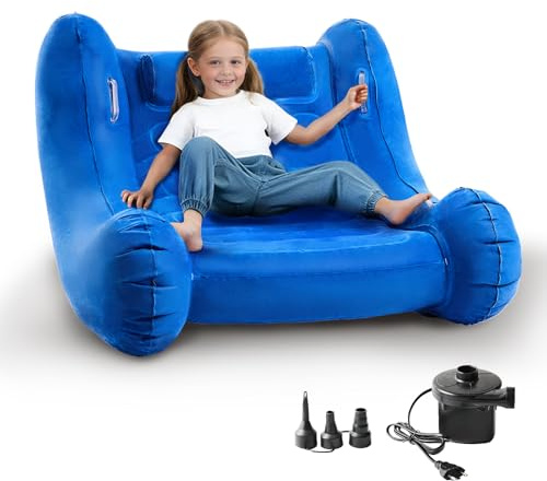 DENMOSTY Inflatable Sensory Rocker Chair, Kids Rocking Chair with Pump & Handles for Autism ADHD SPD, Air Cloud Children Sensory Seat Soft Play Indoor, Blue