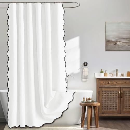 Homxi duschdraperi 80 x 200 cm antistatisk immel vattentät, enfärgad vit med svart våg, duschdraperier för badkar med 12 duschdraperiringar