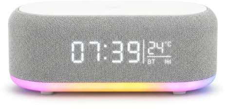 BYZESTY Radio despertador Bluetooth con carga inalámbrica 15 W, despertador de radio digital, despertador de audio Bluetooth digital 6 en 1 con luz nocturna y reloj, cargador USB para mesita de noche