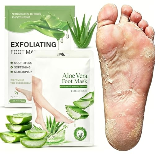 2 Pares Mascarilla Pies Exfoliante, Foot Peel Mask para Pies Secos y Agrietados, Elimina Callos, Cutículas y Piel Muerta, Repara talones agrietados, Hidratante, Suavidad duradera(Aloe vera)