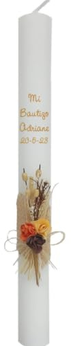 Vela para Bautizo de Cera Blanca, Pick Floral Rústico, Personalizada