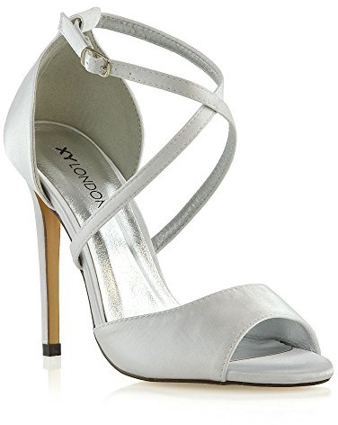 ESSEX GLAM Womens Ankle Strap Stiletto Heel Sandals Ladies Satin Buckle Bridal Party Shoes UK 6 White