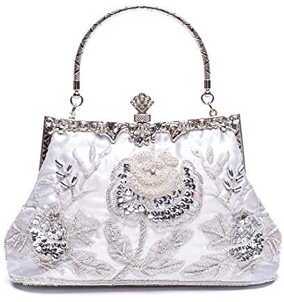 VENI MASEE® kollektion antika blommiga frön/pärla/paljett mjuk kuvertväska, utsökt fröpärla paljetter blad kvällskoppling handväska, presentidéer färger olika, - Silver2006 - M