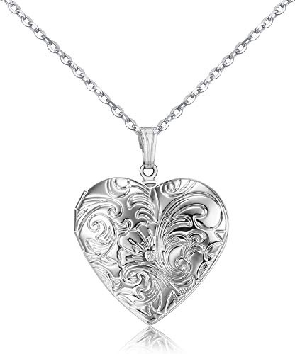 YOUFENG Locket Necklace that Holds Pictures Flower Lockets Necklaces Pendant Birthday Gifts Jewelry Silver Heart