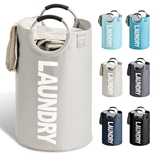 YOUDENOVA Faltbarer Wäschekorb, 92L Großer Wäschesammler, Wäschesack mit gepolstertem Griff, Wasserdichter Laundry baskets aus Oxford-Gewebe, Tragbarer Wäschetonne für Waschküche,Schlafzimmer,Hellgrau