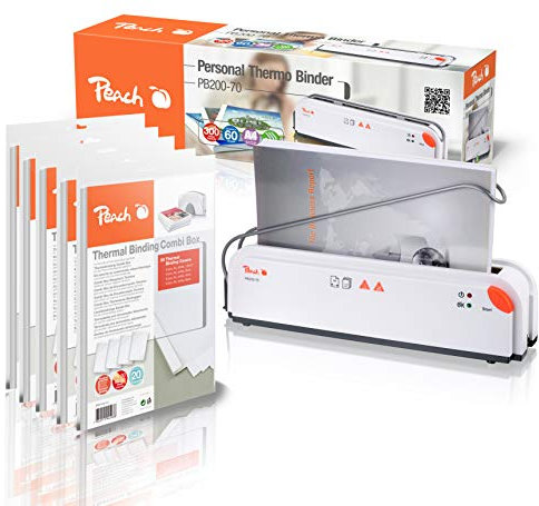 Peach Thermobindegerät DIN-A4 - Testsieger* - schnell startklar - nur 1 min. Bindezeit - einfachstes & schnellstes Bindesystem - inkl. 5x PBT100-14 - 5x 20 verschiedene Thermalbindemappen - PB200-70P