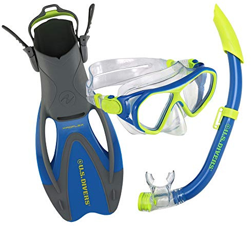 U.S. Divers Dorado II Junior Mask, ProFlex Fins, Seabreeze DX Snorkel Youth Set, Large Fins Fit Kids Sizes 5 to 8, Blue/Yellow