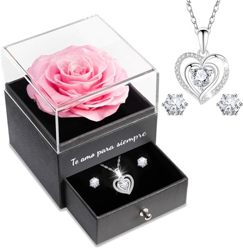 Sunia Regalo Dia de la Madre, Rosa Eterna con Collar y Pendientes de Corazón Plata de Ley 925, Rosa Eterna Natural Preservada para Mujer Mama Abuela, Regalo del Dia de la Madre San Valentin Navidad