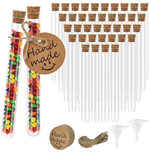 40 Stück Reagenzgläser Kunststoff,Transparent Reagenzgläser Reagenzglas 20ml mit Korken Kraftpapieranhänger,10m Hanfseil,2 Stück Trichter Reagenzgläschen Gastgeschenke für Blumen Hochzeitsmandeln