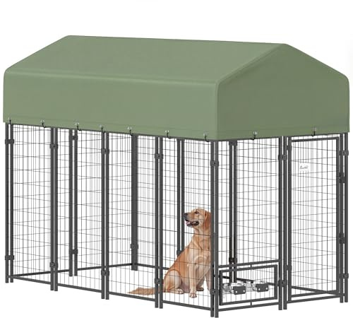 PawHut Recinto per Cani da Esterno Grande, Box per Cani in Acciaio 244x122x183cm, Tetto Anti-UV Impermeabile, Porta Reversibile, 2 Ciotole Girevole Regolabile, 2 Serratura, Kennel per Cuccioli, Verde
