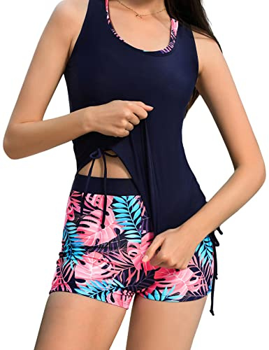 Womens Tankini Swimsuits Athletic 3 Piece Tummy Control Bathing Suits with Shorts Modest Tank Tops XL Red Blue Leaves
