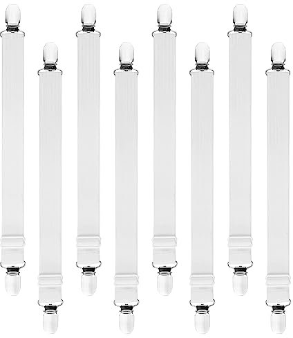 AUAUY Bettlakenklammern, Bettlakenspanner Verstellbar, 8 Stück Elastische Spanner für Bettlaken, Lakenspanner mit Metallclips, Bettlaken Spanngurte für Bettlaken, Matratze, Bügelbrett Oder Sofa-Weiß